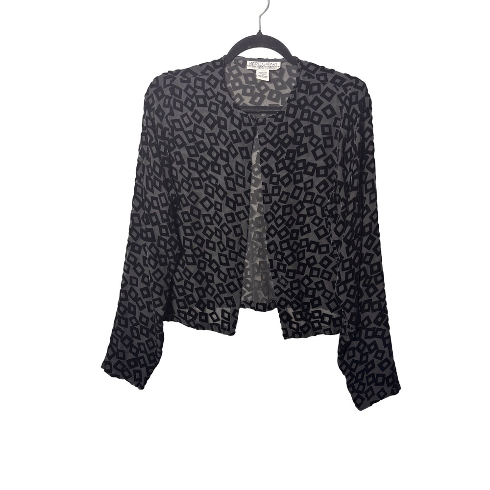 Worlds Apart Womens Cardigan M Black Burnout Velvet Silk Sheer Geometric Vintage